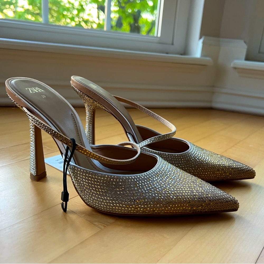 Zara ombré gold and silver heeled mules with rhinestones, NWT